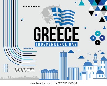 Greece Independence day 25 March Banner Design with Greek Flag, colors theme background, Map, Text, Landmarks, Geometric Abstract Blue Black White colors vector Illustration Greek Independence Day