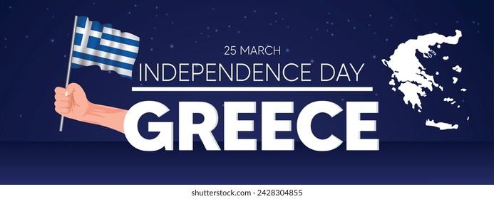 Greece Independence Day 25 March hand holding waving flag with map vector poster