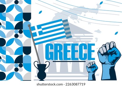 greece independence day banner with greek flag colors theme background and geometric abstract retro modern design. Multiple landscapes of greece, celebration of independence day.
