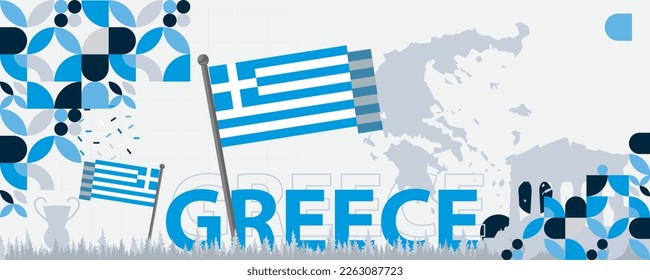 greece independence day banner with greek flag colors theme background and geometric abstract retro modern design. Multiple landscapes of greece, celebration of independence day.
