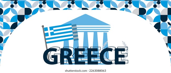 greece independence day banner with greek flag colors theme background and geometric abstract retro modern design. Multiple landscapes of greece, celebration of independence day.
