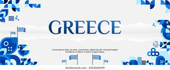 Banner del Día de la Independencia de Grecia de estilo geométrico moderno. Banner amplio para sitio web, social y más con tipografía. Ilustración de la fiesta nacional de celebración de fiestas. Feliz Día de la Independencia de Grecia