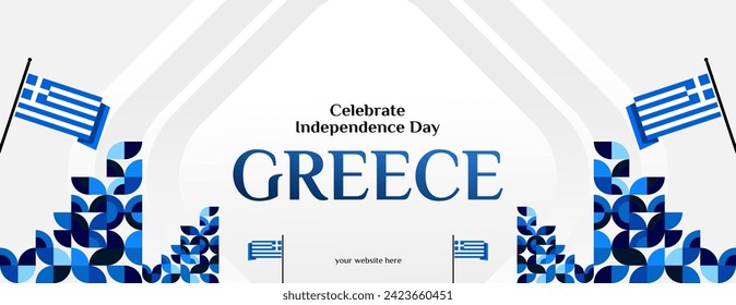 Greece Independence Day banner in modern geometric style. Wide banner for website, social and more with typography. Illustration for national holiday celebration party. Happy Greek Independence Day