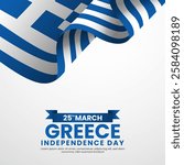 Greece independence day greeting card, square banner background with realistic 3D Greek flag