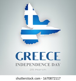 Greece Independence Day greeting card. Illustration of the national flag in the form of a bird dove on a gray background. Festive template poster, banner. Spring vector holiday concept. Data March 25.