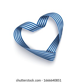 Greece Independence day, the Ochi day national festive background. Blue and white strips ribbon in heart shape isolated on a white background. Vector stock photorealistic ribbon.