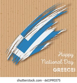Greece Independence Day Patriotic Design. Expressive Brush Stroke in National Flag Colors on kraft paper background. Happy Independence Day Greece Vector Greeting Card.