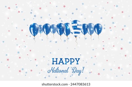 Greece Independence Day Sparkling Patriotic Poster. Row of Balloons in Colors of the Greek Flag. Greeting Card with National Flags, Confetti and Stars.