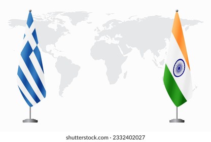 Greece and India flags for official meeting against background of world map.