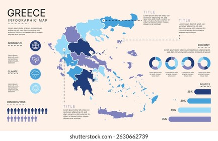 Mapa Infográfico da Grécia com distritos administrativos separados, camadas separadas editáveis, zonas e elementos de visualização de dados. Mapa infográfico para apresentação. Ilustração vetorial