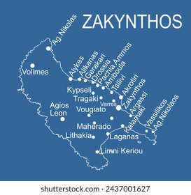 Greece Ionian island of Zakynthos map (Zakinthos) vector line contour silhouette illustration isolated on blue background.