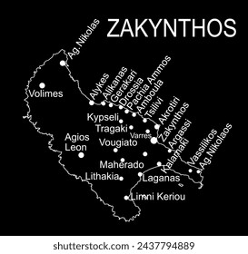 Greece Ionian island of Zakynthos map (Zakinthos) vector line contour silhouette illustration isolated on black background.