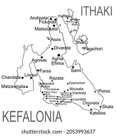 Greece island Cephalonia map  vector line contour silhouette illustration isolated on white background. Ithaki map, Ithaca map island near the Kefalonia.
