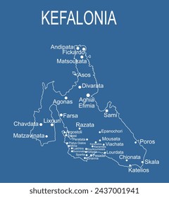 Greece island Cephalonia map  vector line contour silhouette illustration isolated on blue background.