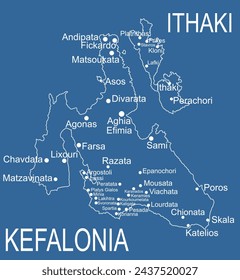 Greece island Cephalonia map  vector line contour silhouette illustration isolated on blue background. Ithaki map, Ithaca map island near the Kefalonia.