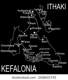 Greece island Cephalonia map  vector line contour silhouette illustration isolated on black background. Ithaki map, Ithaca map island near the Kefalonia.