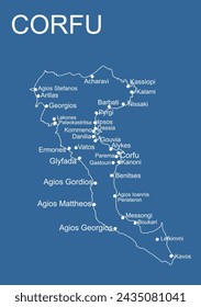 Greece island Corfu map vector line contour silhouette illustration isolated on blue background. Greek paradise island.