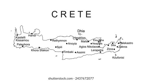 Greece island Crete map vector line contour silhouette illustration isolated on white background. Greek island map high detailed.
