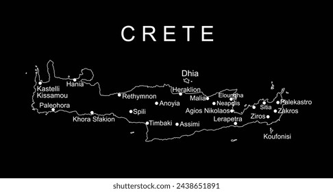 Greece island Crete map vector line contour silhouette illustration isolated on black background. Greek island map high detailed.
