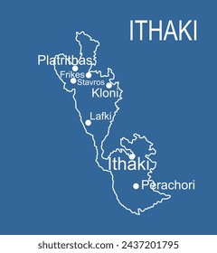 Greece island Ithaki map  vector line contour silhouette illustration isolated on blue background. Ithaca map island near the Kefalonia.