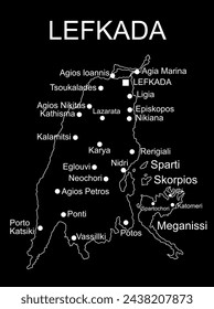 Isla de Grecia Lefkada mapa línea vectorial contorno silueta ilustración aislada sobre fondo negro. Paraíso griego isla jónica.