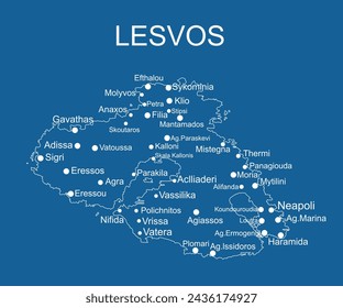 Greece island Lesvos map vector line contour silhouette illustration isolated on blue background. Lesbos map High detailed.