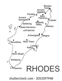 Greece island Rhodes map vector line contour isolated on white background. High detailed silhouette illustration. Greek paradise island.
