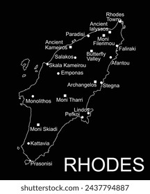 Greece island Rhodes map vector line contour isolated on black background. High detailed silhouette illustration. Greek paradise island.