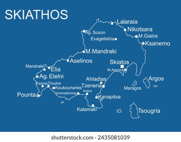 Greece island Skiathos map vector line contour silhouette illustration isolated on blue background.
