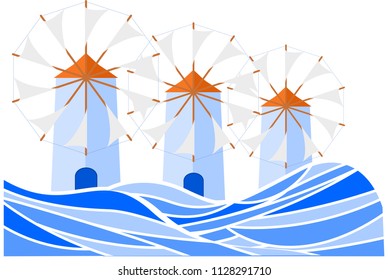 vectores paisajísticos de molinos de viento de la isla de Grecia para su diseño o logotipo