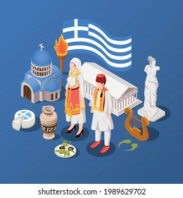 Fondo azul isométrico de Grecia con escultura de afrodita partenón y edificios de iglesias ortodoxas llama olímpica en vestuario ilustrativo vectorial