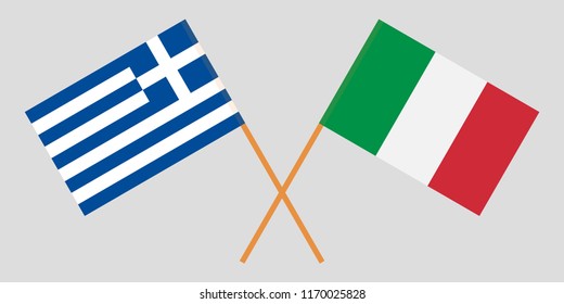 Greece and Italy. Crossed Greek and Italian flags. Official colors. Correct proportion. Vector illustration