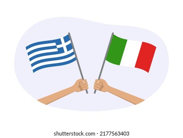 Greece and Italy flags. Greek and Italian national symbols. Hand holding waving flag. Vector illustration.