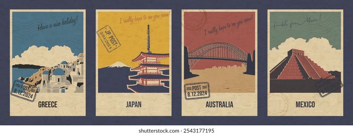 Griechenland, Japan, Australien, Mexiko Hauptattraktionen Postkartenset, Pyramide, Brücke, Pagode, Townscape Vektor Vorlagen Retro Stil Grußkarten. Postaufdruck, gereifte Papierstruktur