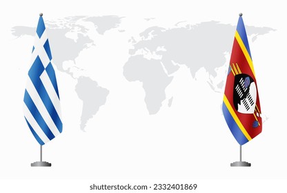 Greece and Kingdom of eSwatini - Swaziland flags for official meeting against background of world map.