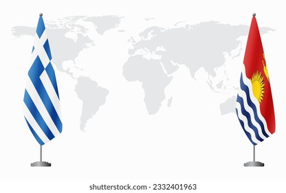 Greece and Kiribati flags for official meeting against background of world map.