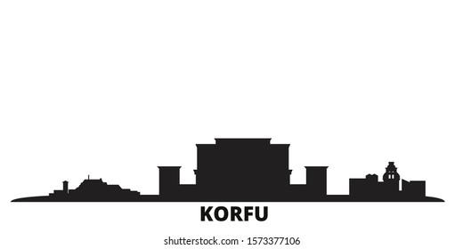 Greece, Korfu city skyline isolated vector illustration. Greece, Korfu travel black cityscape