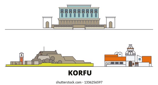 Greece, Korfu flat landmarks vector illustration. Greece, Korfu line city with famous travel sights, skyline, design. 