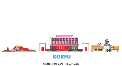 Greece, Korfu line cityscape, flat vector. Travel city landmark, oultine illustration, line world icons