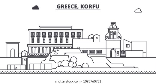 Greece, Korfu line skyline vector illustration. Greece, Korfu linear cityscape with famous landmarks, city sights, vector landscape. 