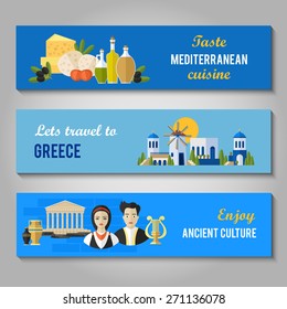 Greece Landmarks and cultural features flat banners design set.