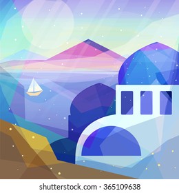 Greece landscape in low poly geometric style. Landscape of ancient temple, mountains, sea, beach, sailboat. Vector illustration for web and mobile phone and print.