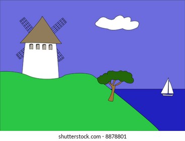 Greece landscape with windmill