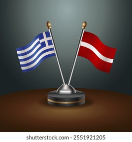 Greece and Latvia table flags relation  with gradient backgrund. Vector Illustration