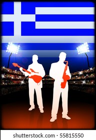 Greece Live Music Band on Stadium Concert Background with Flag Original Illustration