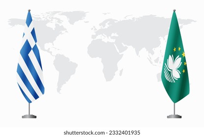 Greece and Macau flags for official meeting against background of world map.