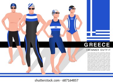 Greece : Male and Female Swimmers : Swimmers in National Swimsuits : Vector Illustration