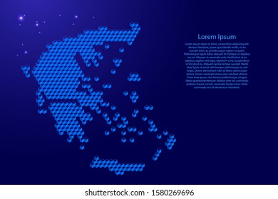Greece map from 3D blue cubes isometric abstract concept, square pattern, angular geometric shape, glowing stars. Vector illustration.