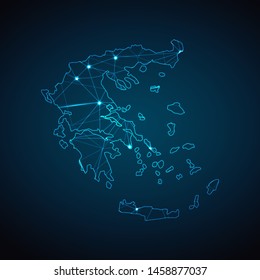 Mapa de Grecia - Línea de red, estructura y escalas de punto geométricas de malla geométrica abstracta en fondo oscuro con luces en forma de ciudades. Ilustración vectorial, pasos 10.