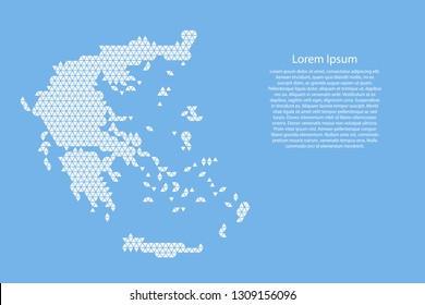 Greece map abstract schematic from white  triangles repeating pattern geometric on light blue background with nodes for banner, poster, greeting card. Vector illustration.